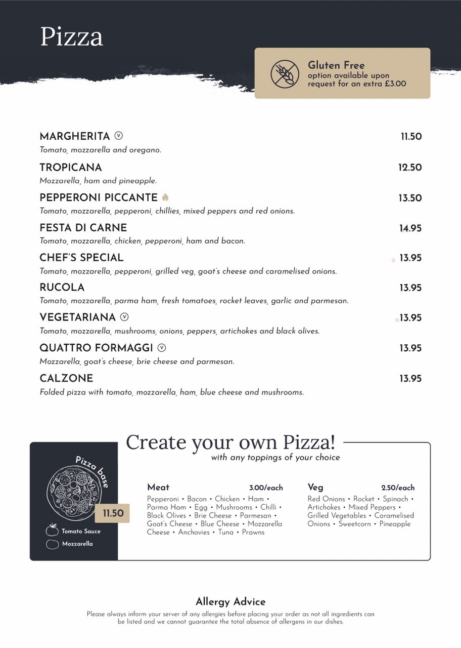 Pizza menu